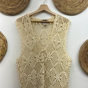Unique Vintage Boho Bohemian Cream Button Flower Beaded Crochet Sweater Vest